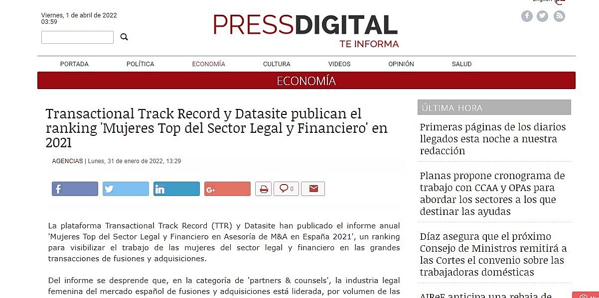 Transactional Track Record y Datasite publican el ranking 'Mujeres Top del Sector Legal y Financiero' en 2021